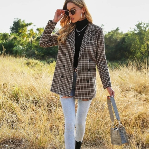 Blazer jacket gingham plaid double breasted brown - Picture 3 of 6